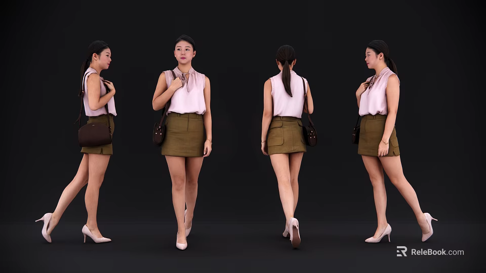Woman Wearing Pink Blouse Green Shorts With Brown Handbag High Heels Multiple Angles 3d model 