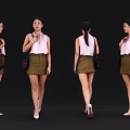 Woman Wearing Pink Blouse Green Shorts With Brown Handbag High Heels Multiple Angles