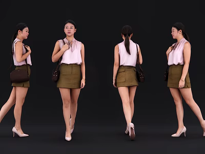 Woman Wearing Pink Blouse Green Shorts With Brown Handbag High Heels Multiple Angles 3d model