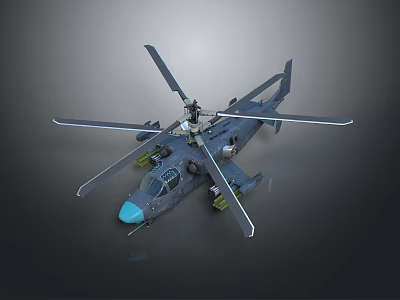 Detailed Helicopter Model with Rotors Blue Nose and Military Fuselage Design 3d model