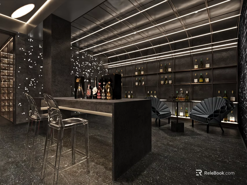 Modern Wine Cellar Interior Design With Bar Counter Bar Stools Wine Racks And Lighting 3d model 