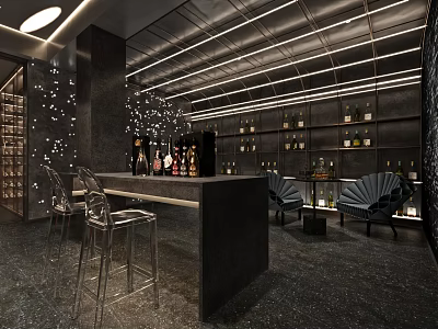 Modern Wine Cellar Interior Design With Bar Counter Bar Stools Wine Racks And Lighting 3d model