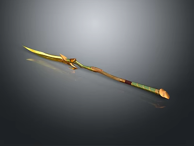 Golden Decorative Spear Weapon With Green Brown Handle And Sharp Tip 3d model