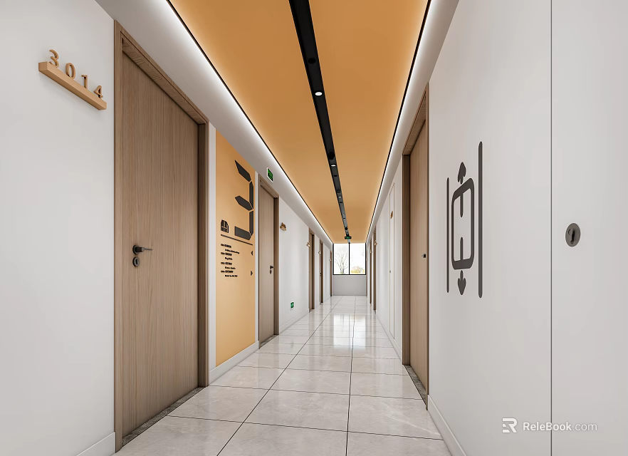 Hotel Corridor With Wooden Doors White Walls Orange Ceiling Tile Flooring And Decorative Patterns 3d model 