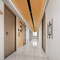 Hotel Corridor With Wooden Doors White Walls Orange Ceiling Tile Flooring And Decorative Patterns