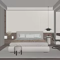 Modern Bedroom Interior With Large Bed Bedside Tables Vase Pendant Lamp And Desk