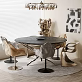 Round Dining Table Set With Gold Gray Chairs Sculpture Chandelier And Area Rug