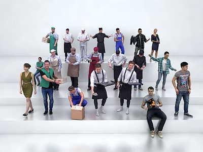 Group of Diverse People in Various Professions Standing on Steps with Uniforms and Casual Clothes 3d model