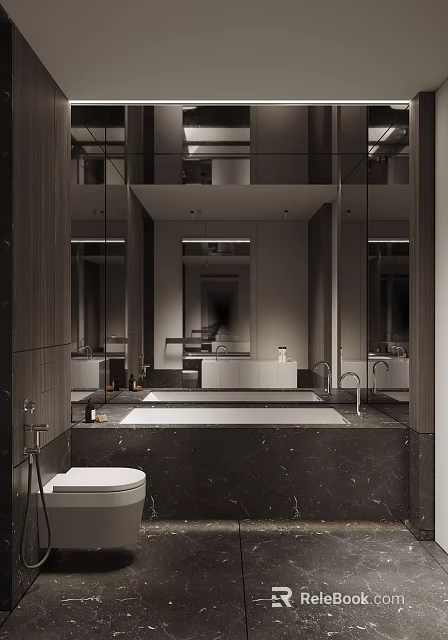 Modern Bathroom Interior With Marble Bathtub Large Mirror And Storage Cabinets 3d model 