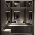 Modern Bathroom Interior With Marble Bathtub Large Mirror And Storage Cabinets
