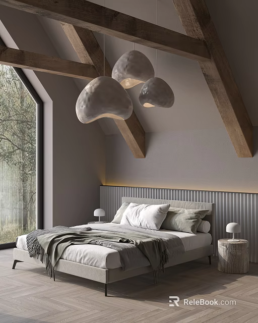 Minimalist Modern Bedroom With Wooden Beams Cloud Pendant Lights Vertical Striped Wall Trees Outside Window 3d model 