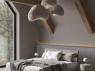 Minimalist Modern Bedroom With Wooden Beams Cloud Pendant Lights Vertical Striped Wall Trees Outside Window 3d model