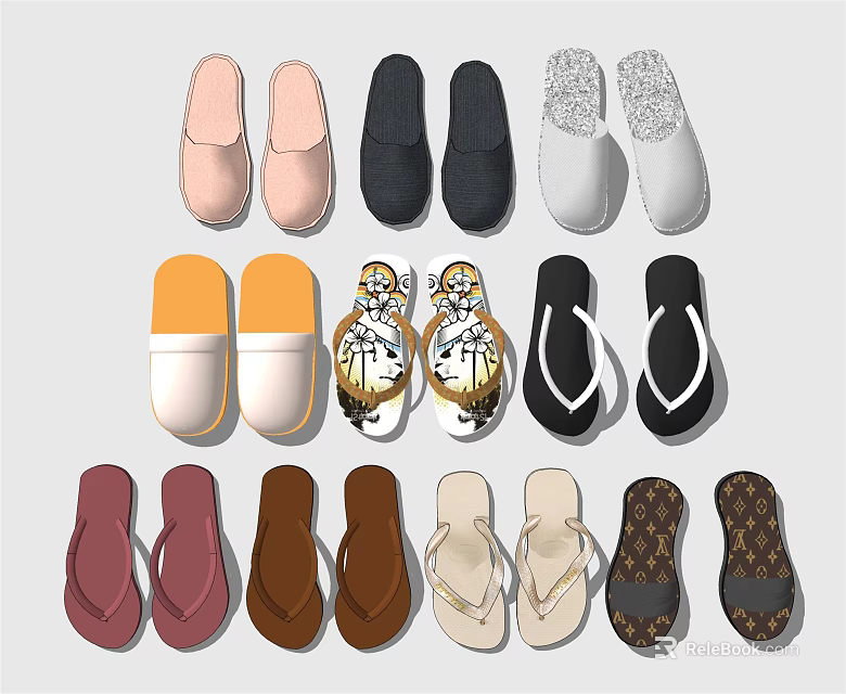 Different Styles of Home Shoes in Various Colors for Daily Comfortable Wear 3d model 