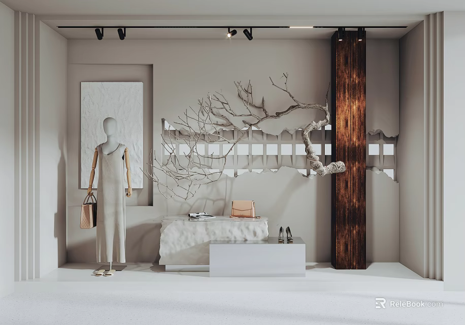 Chic Store Window Display With Mannequin Handbag Branch Decoration Display Table And Shoes 3d model 