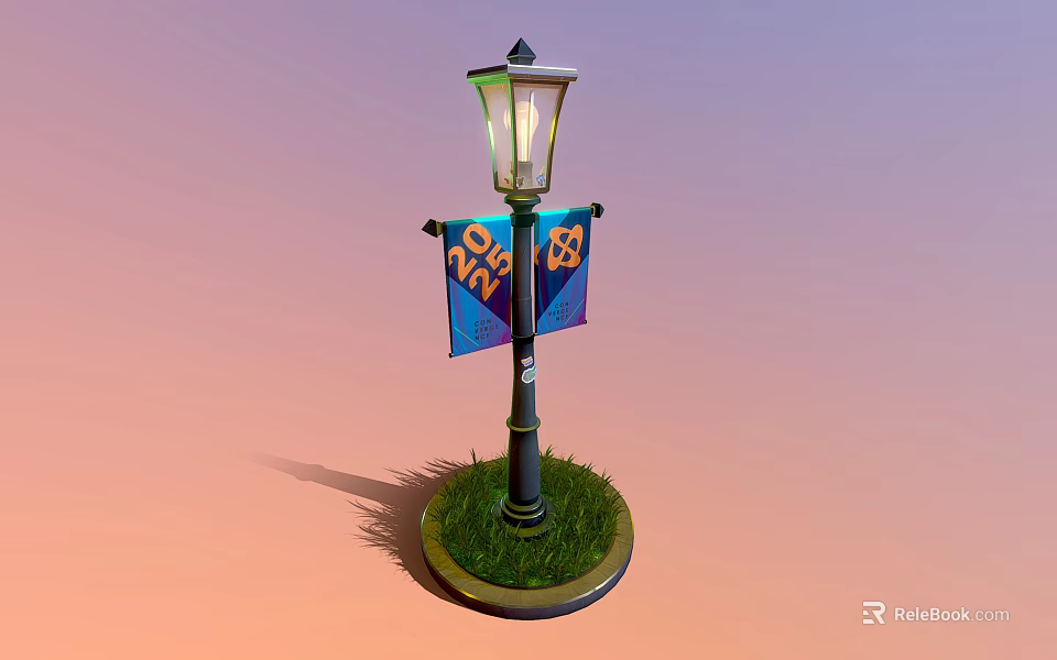 Outdoor Decorative Lamp Post Furniture With Two Blue Banners And Green Grass Base 3d model 