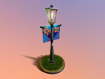 Outdoor Decorative Lamp Post Furniture With Two Blue Banners And Green Grass Base 3d model