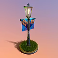 Outdoor Decorative Lamp Post Furniture With Two Blue Banners And Green Grass Base