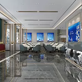 Modern Sales Office Interior With Reception Desk Mountain Landscape Painting Marble Floor And Chandeliers