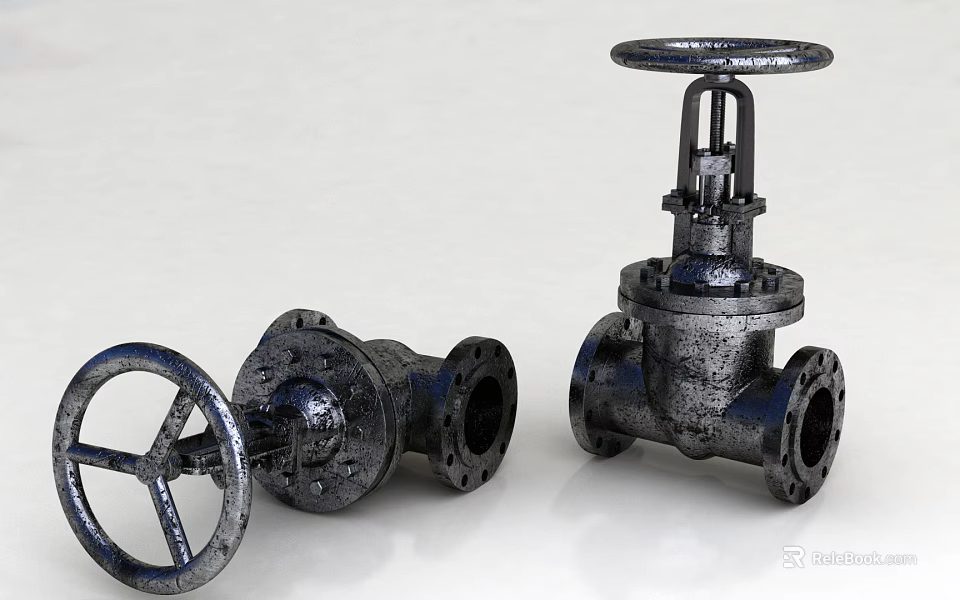 Two Old Industrial Metal Valves With Wheel Handles On White Background 3d model 