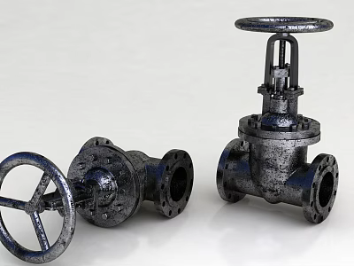 Two Old Industrial Metal Valves With Wheel Handles On White Background 3d model