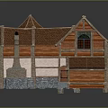 Traditional House 3D Model With Red Tiled Roof Wooden Structure And Stone Base