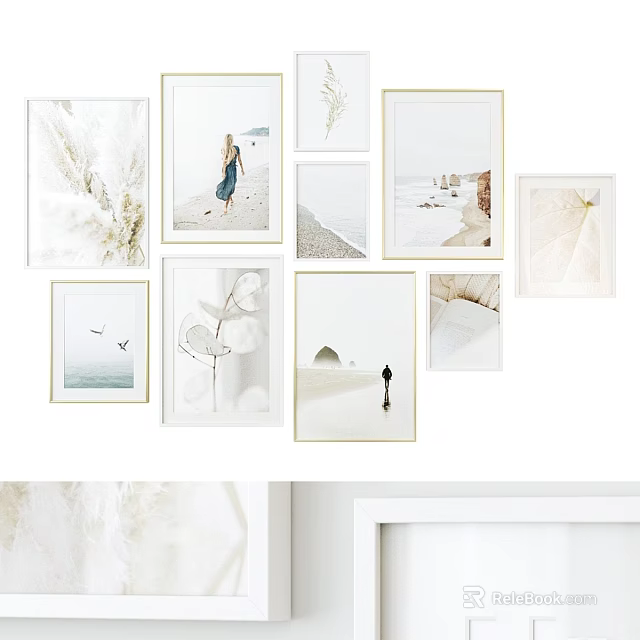 Multiple Modern Picture Frames With Coastal Scenes And Nature Prints On White Wall 3d model