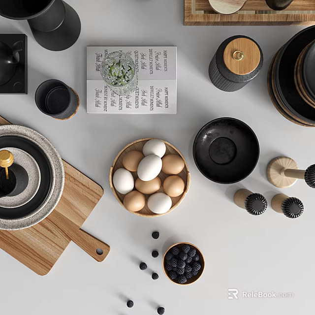 Fresh Food Ingredients Including Eggs Blueberries And Olive Oil On Wooden Cutting Board 3d model 