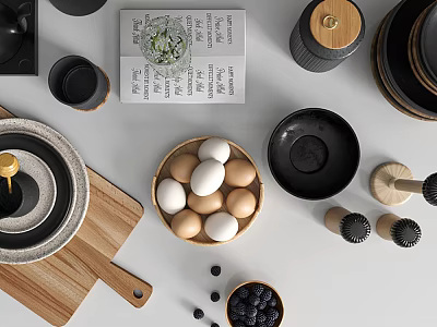 Fresh Food Ingredients Including Eggs Blueberries And Olive Oil On Wooden Cutting Board 3d model