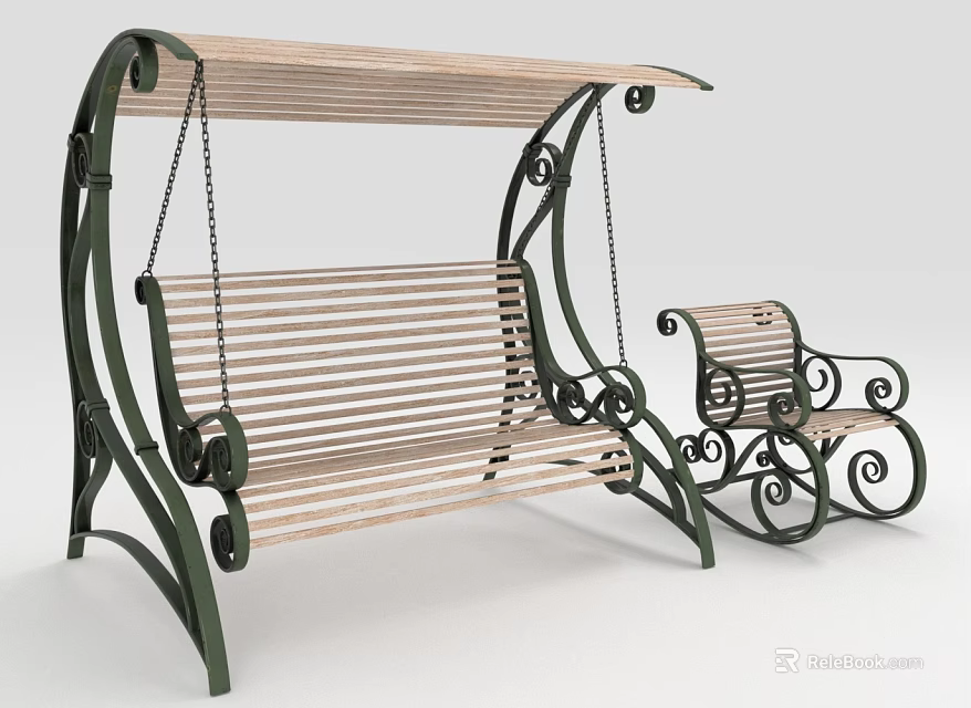 Outdoor Swing Bench And Chair Set Wooden Slats Canopy Metal Frame Curved Scroll Design 3d model 