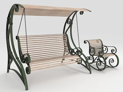Outdoor Swing Bench And Chair Set Wooden Slats Canopy Metal Frame Curved Scroll Design 3d model