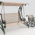 Outdoor Swing Bench And Chair Set Wooden Slats Canopy Metal Frame Curved Scroll Design