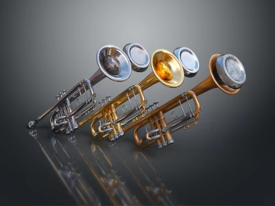 Various Colored Trumpets And Art Supplies Display On Reflective Black Background 3d model