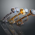 Various Colored Trumpets And Art Supplies Display On Reflective Black Background