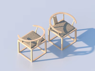 Set Of Two Modern Leisure Chairs With Wooden Frame Curved Backrest And Gray Cushions 3d model