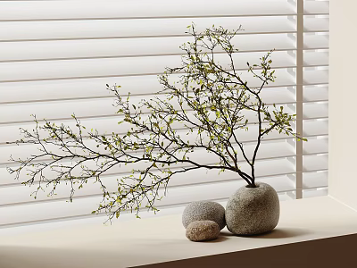 Decorative Plant And Stones On Window Sill With Blinds 3d model