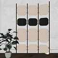 Modern Room Divider Design With Beige Black Fabric Panels Wooden Frame And Indoor Plant
