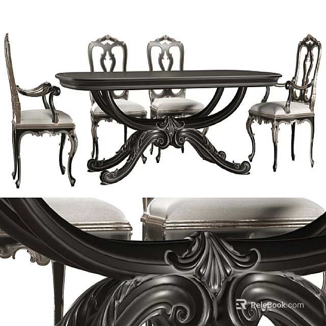 Classic Carved Dining Table Set With Ornate Armchairs And Upholstered Seats 3d model 