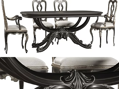 Classic Carved Dining Table Set With Ornate Armchairs And Upholstered Seats 3d model