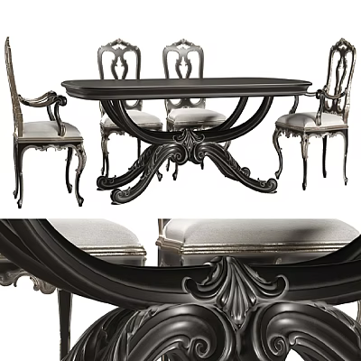 Classic Carved Dining Table Set With Ornate Armchairs And Upholstered Seats 3d model