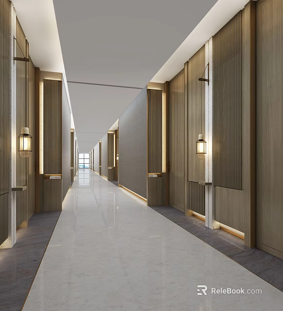 Hotel Corridor with Wooden Panel Walls Wall Mounted Lamps and Polished Marble Floor in Modern Design 3d model 
