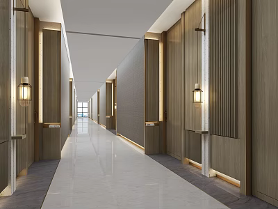 Hotel Corridor with Wooden Panel Walls Wall Mounted Lamps and Polished Marble Floor in Modern Design 3d model