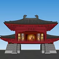 Ancient Architecture Two Story Red Structure With Black Curved Eaves Surrounded By Trees And People