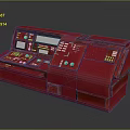 Red Control Panel Console Featuring Multiple Screens And Control Buttons On Modern Sleek Red Body