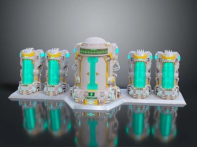 3D Rendered Tech Device Featuring White Main Structure Green Display And Surrounding Green Transparent Units 3d model