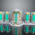 3D Rendered Tech Device Featuring White Main Structure Green Display And Surrounding Green Transparent Units
