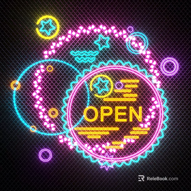 Colorful Neon Decorative Lights with Glowing Circles Stars and Grid Background 3d model 