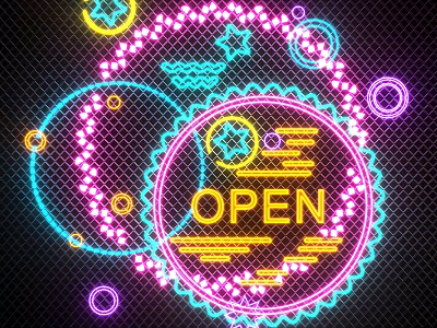 Colorful Neon Decorative Lights with Glowing Circles Stars and Grid Background 3d model