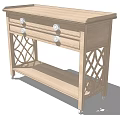 Rustic Wooden Console Table With Drawers Knobs Lattice Sides And Lower Shelf 3d model