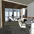 Modern Office Interior Design With Large Windows Work Desk Lounge Area And Blue Carpet