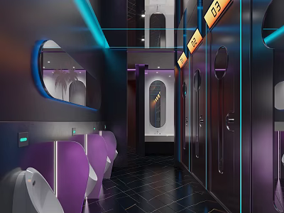Modern KTV Bathroom Interior With Purple And Blue Lighting Stalls Urinals And Digital Door Signs 3d model